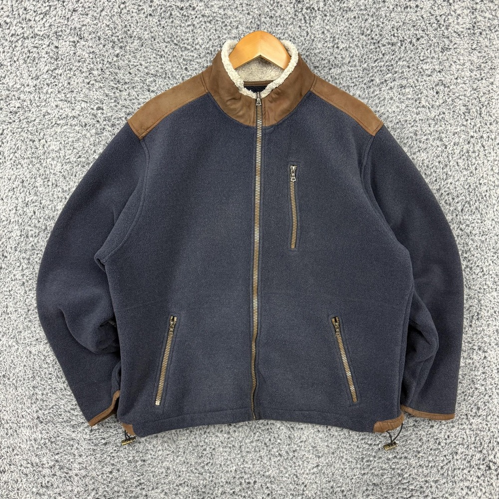 Orvis Jacket Mens Large Blue Fleece Sherpa Collar Suede Trim Bomber Outdoor L